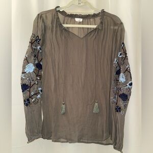 Ecru Sheer Taupe Blouse with Floral Embroidery